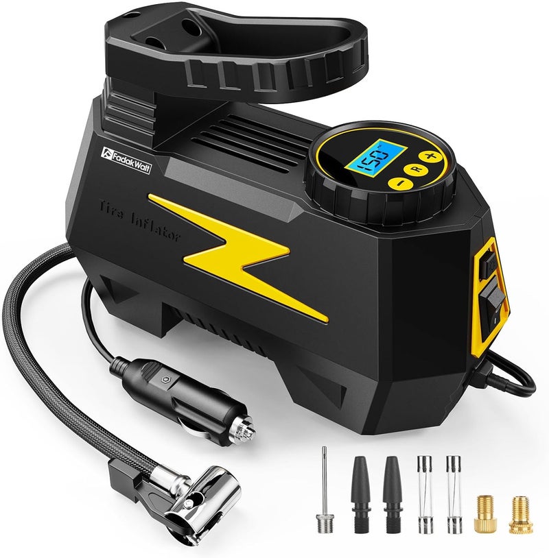 FADAKWALT Tire Inflator Portable Air Compressor, DC 12V Tire Air Pump with LED and 150PSI Digital Pressure Gauge, Portable Tire Inflator for Car Tires, Motorcycles, Bike, Ball (Yellow) - Image 1